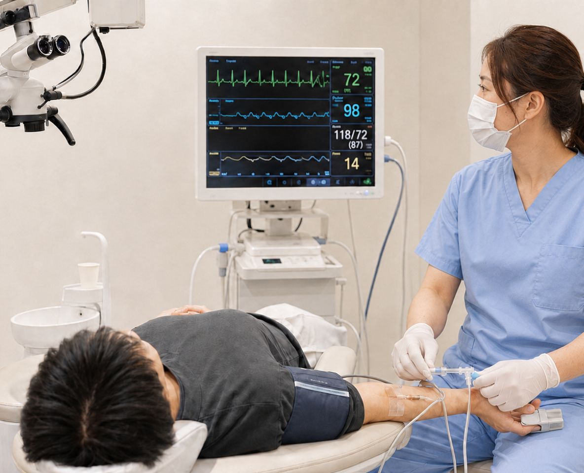 生体情報モニターを確認しながら処置を受ける患者に付き添うスタッフ