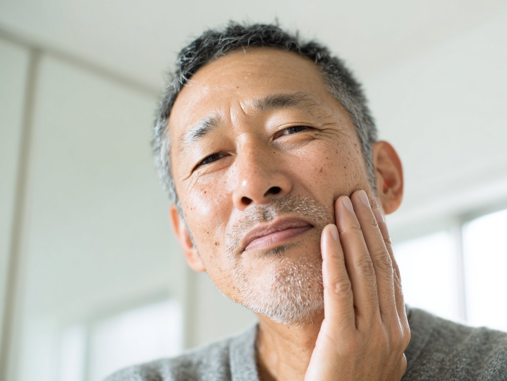 頬に手を当てる男性